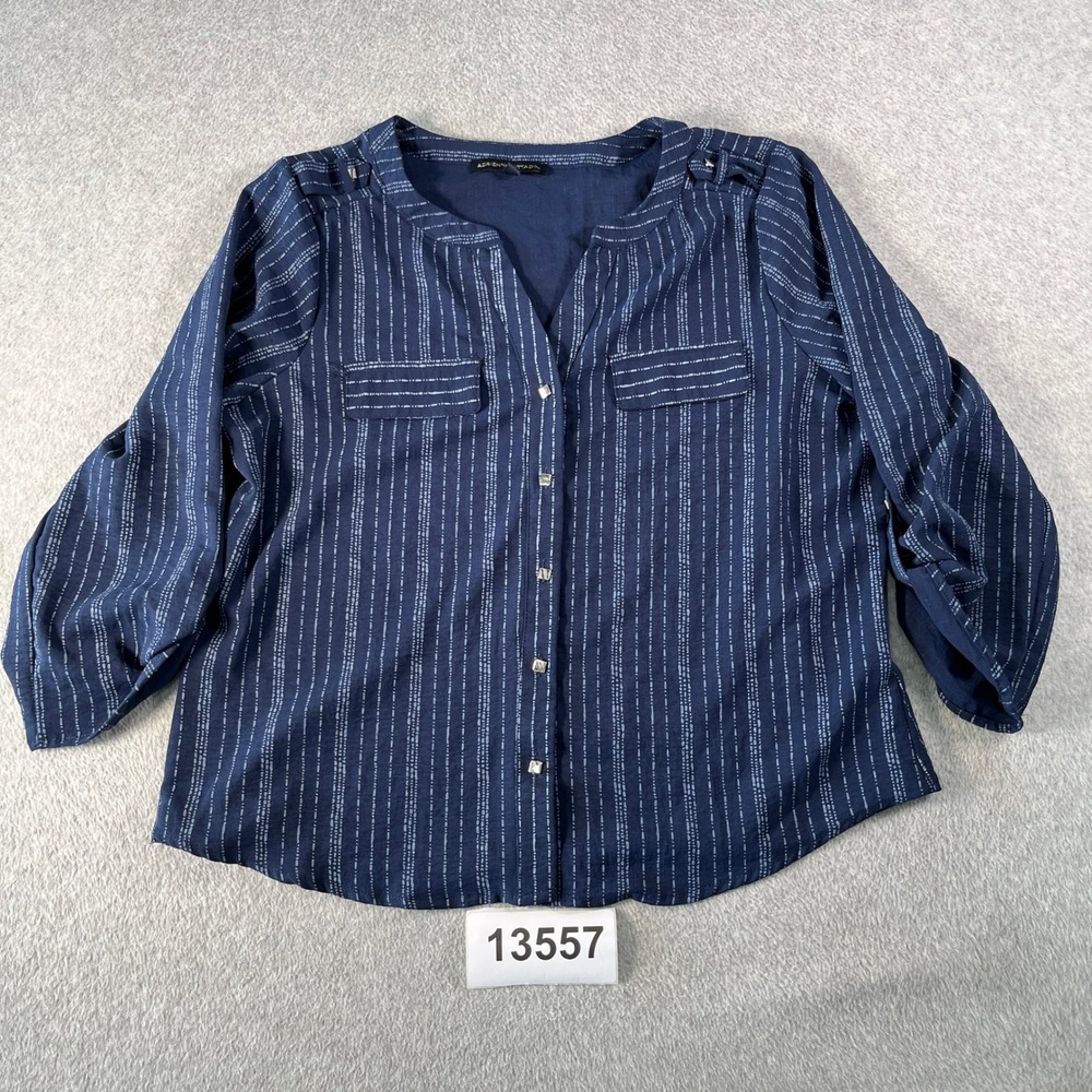 Adrienne Vittadini Blouse Women Large Navy Blue Excellent Pinstripe Roll Tab